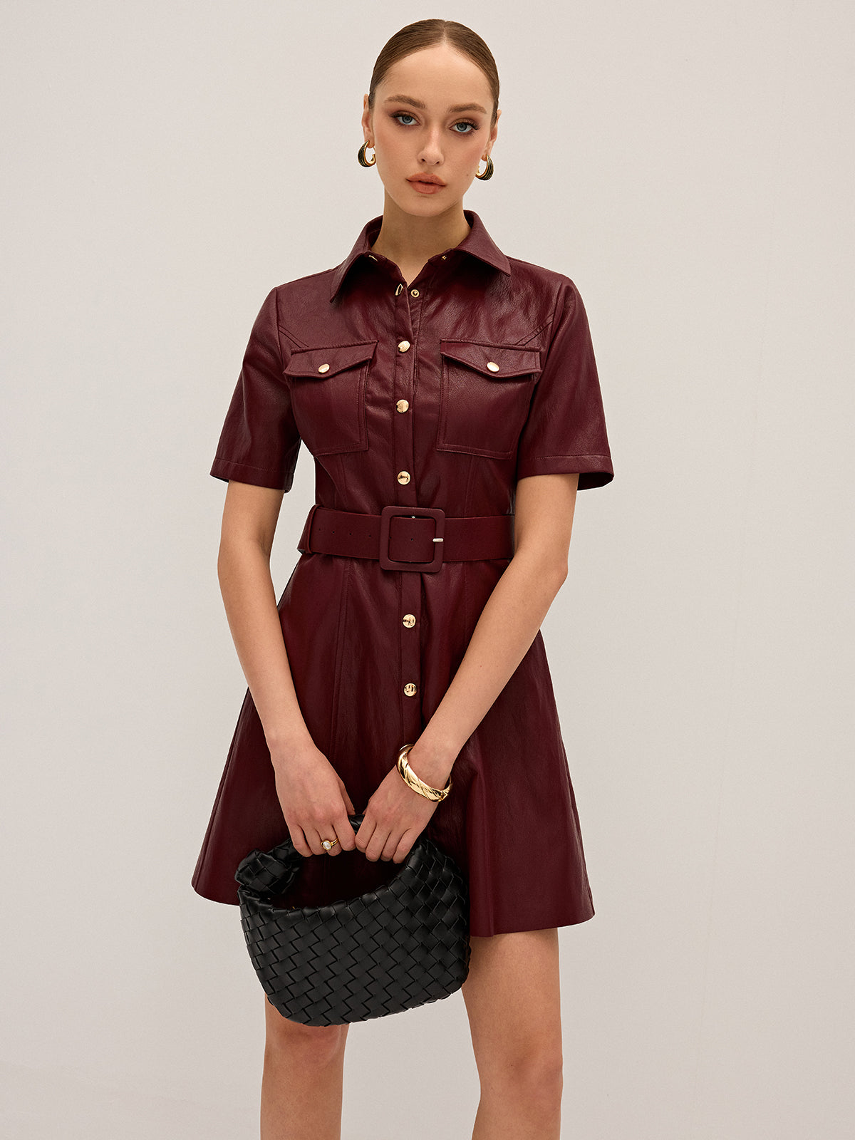 Shirt Collar Belted PU Leather Mini Dress Trendy Women's Fashion 2023
