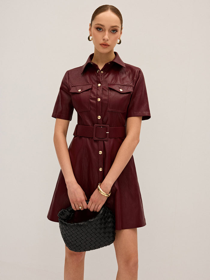 Shirt Collar Belted PU Leather Mini Dress Trendy Women's Fashion 2023