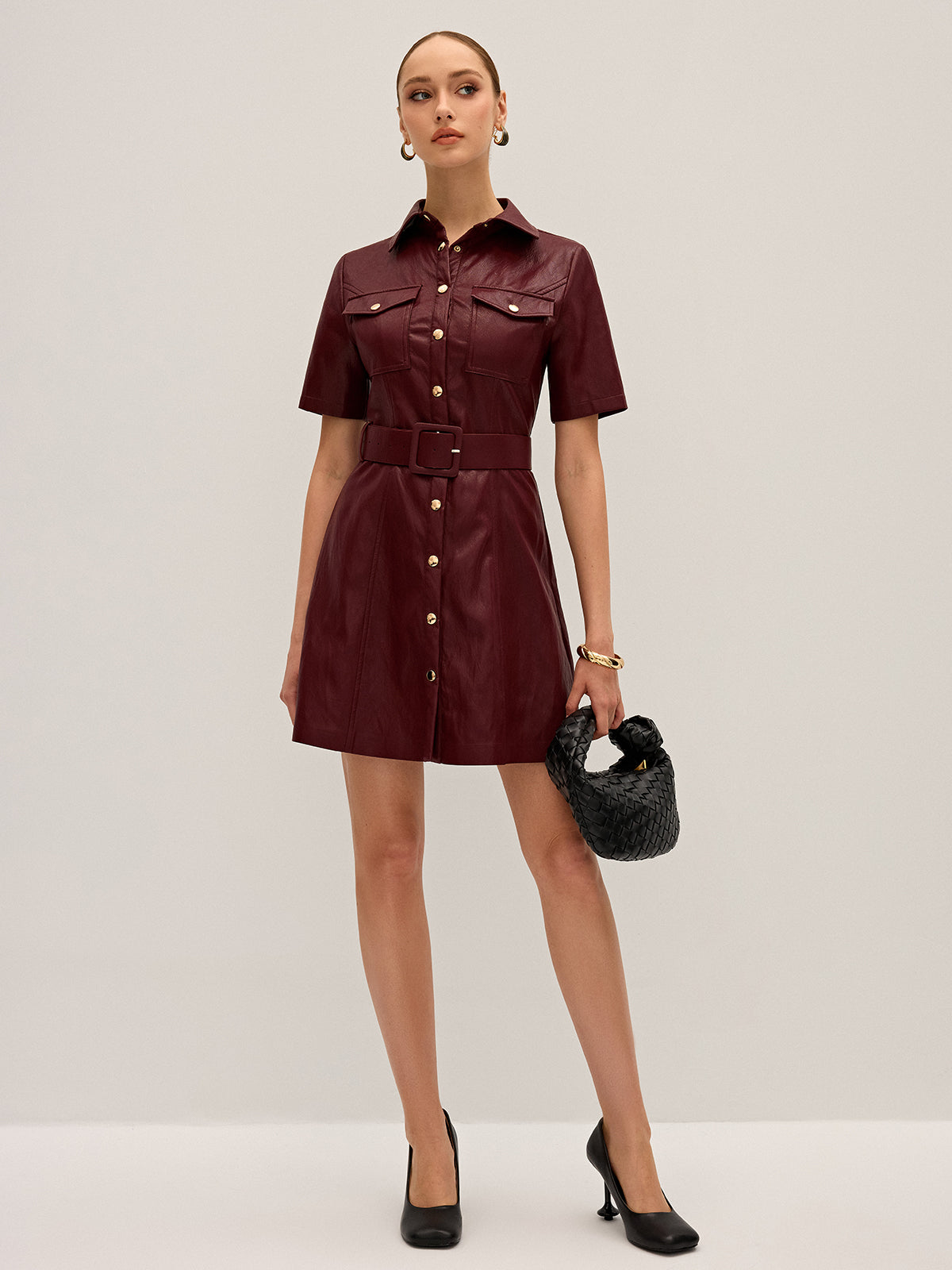 Shirt Collar Belted PU Leather Mini Dress Trendy Women's Fashion 2023
