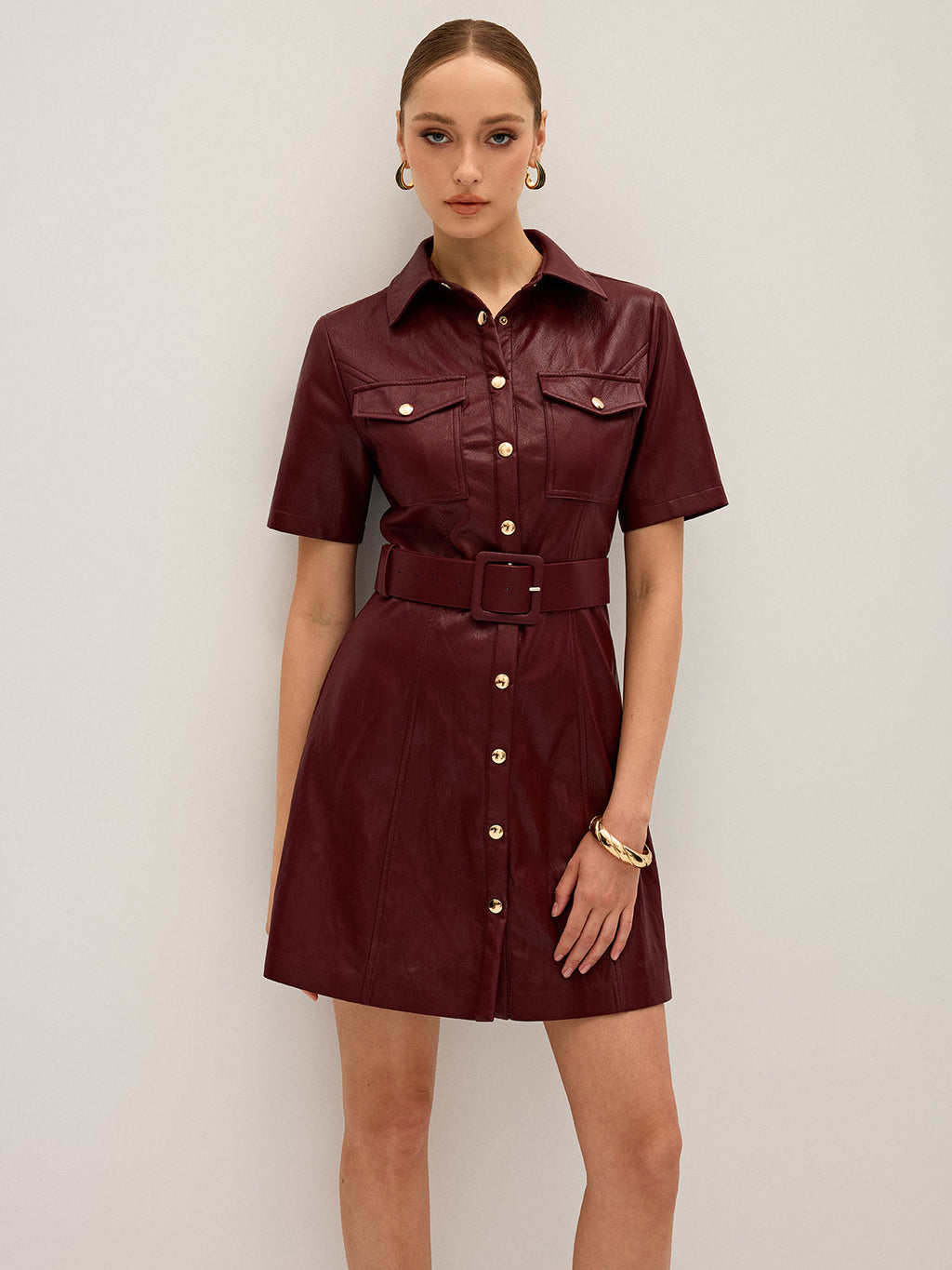 Shirt Collar Belted PU Leather Mini Dress Trendy Women's Fashion 2023
