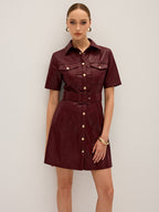 Shirt Collar Belted PU Leather Mini Dress Trendy Women's Fashion 2023