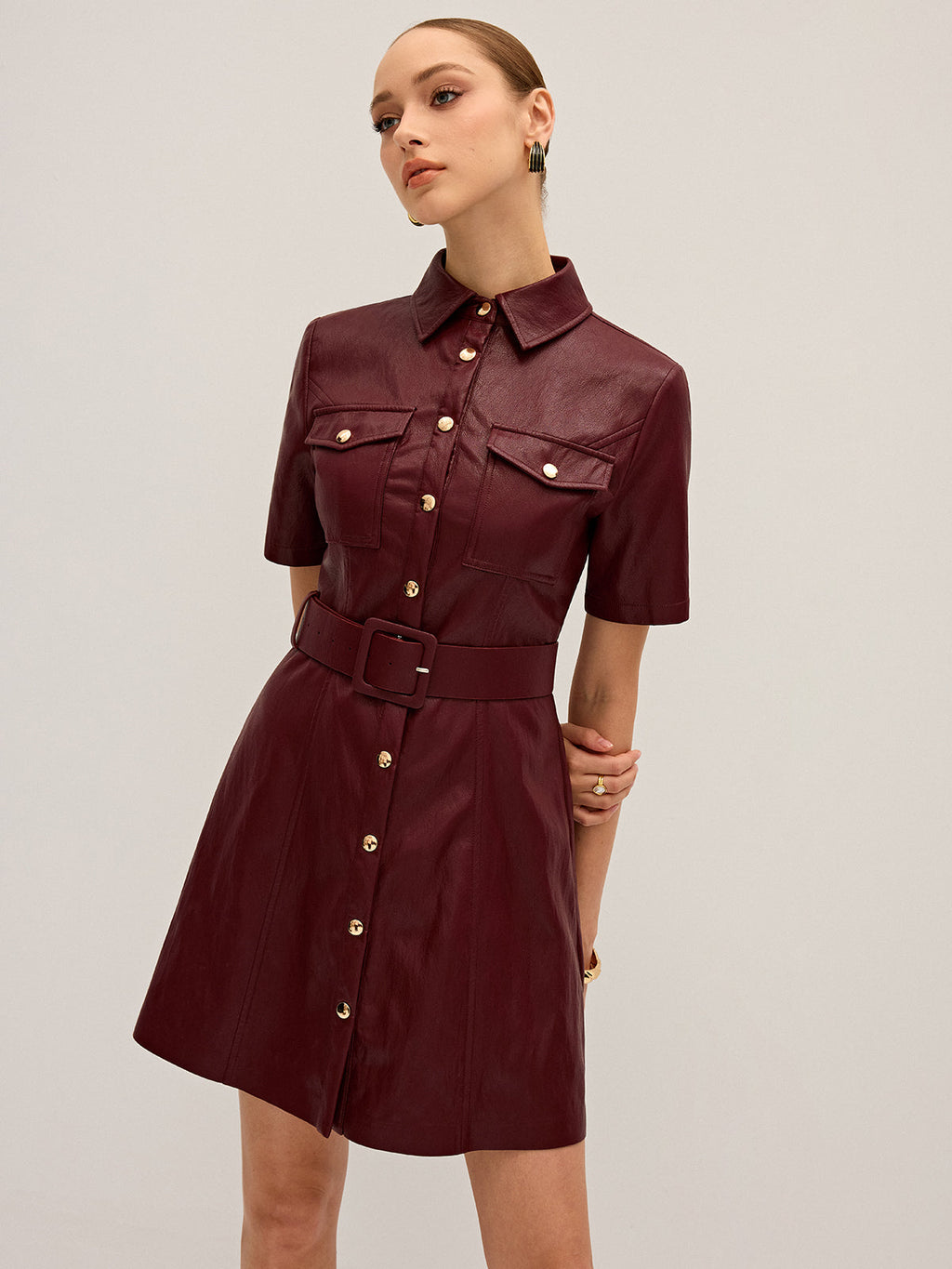 Shirt Collar Belted PU Leather Mini Dress Trendy Women's Fashion 2023