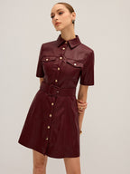 Shirt Collar Belted PU Leather Mini Dress Trendy Women's Fashion 2023