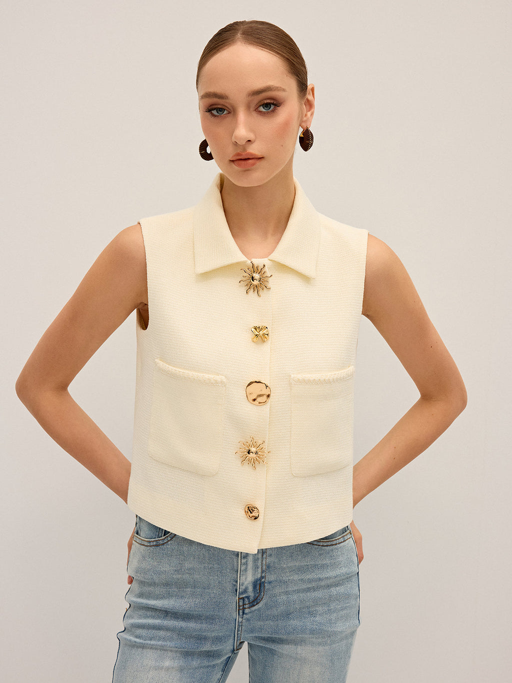 Irregular Metal Button Sleeveless Vest Stylish Casual Summer Top