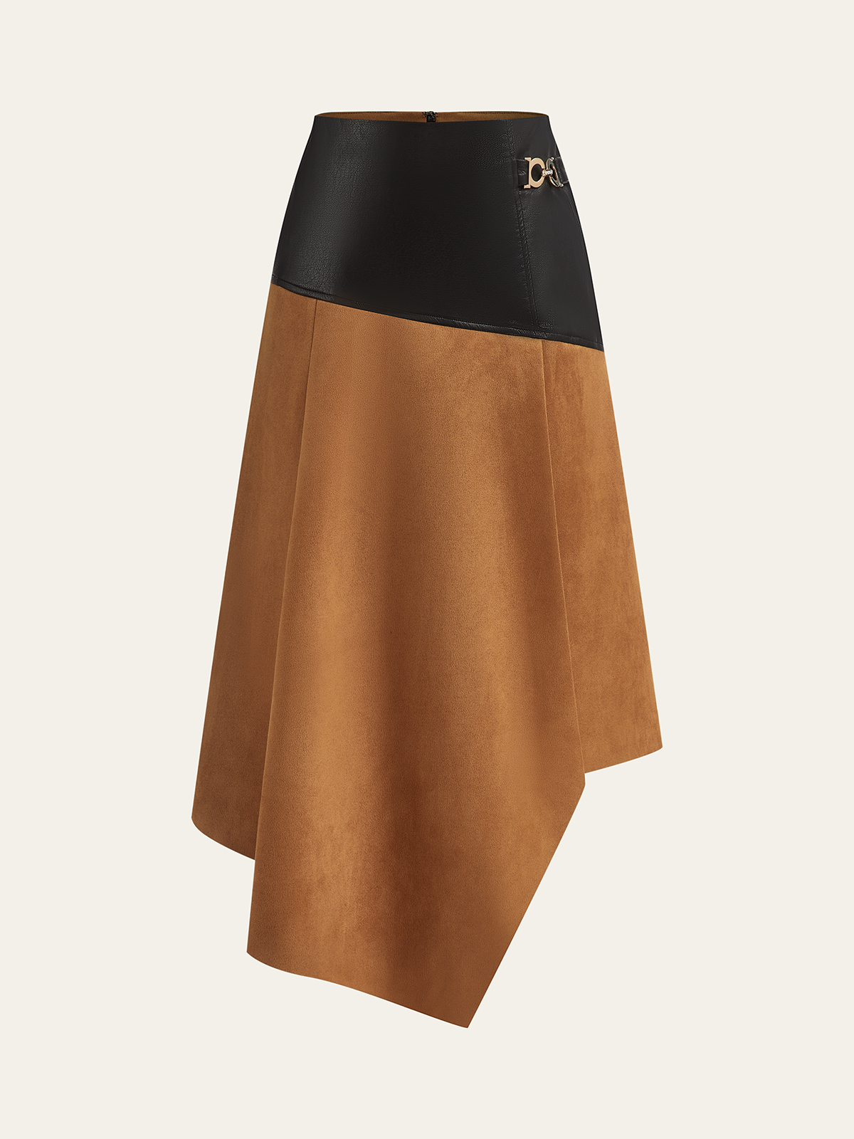 Faux Leather Paneled Suede Effect Asymmetric Midi Skirt with Fashion Forward Design