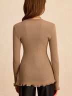 Wool Blend Asymmetric Ruffled Hem Sweater with Cozy Fall Details