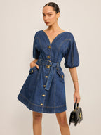 Pocketed Belted Denim Dress for Women Casual Style