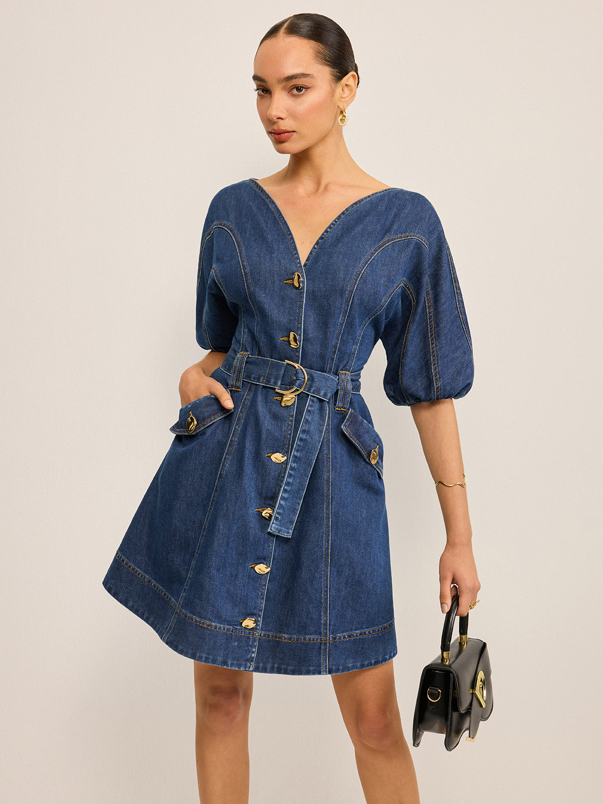 Pocketed Belted Denim Dress for Women Casual Style