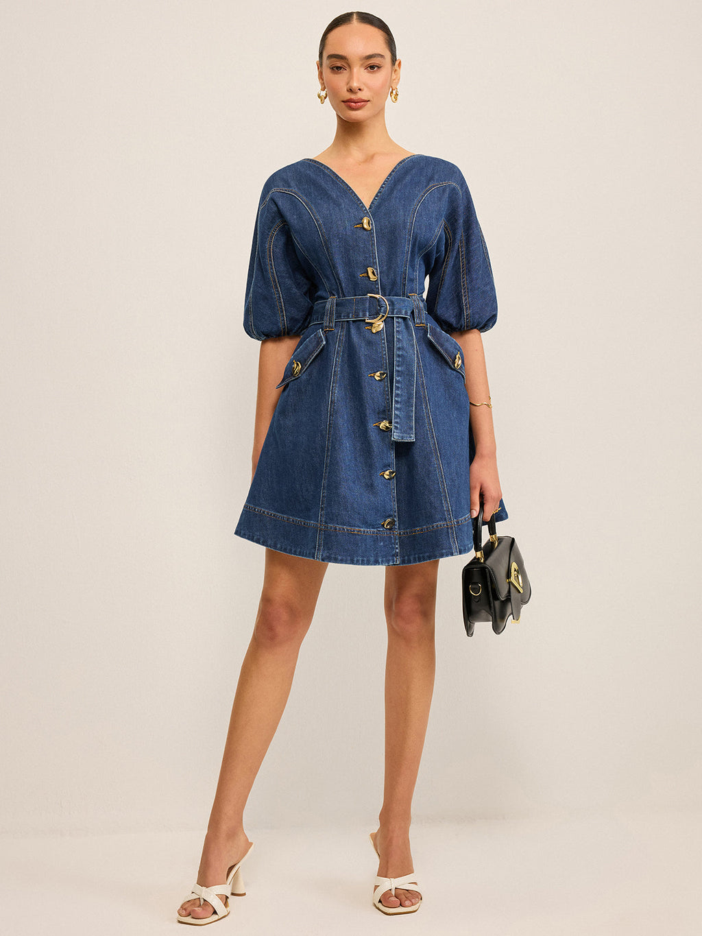 Pocketed Belted Denim Dress for Women Casual Style