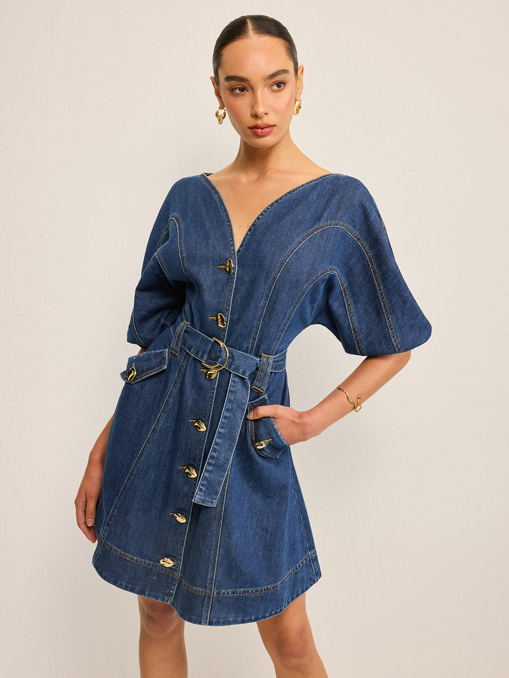 Pocketed Belted Denim Dress for Women Casual Style