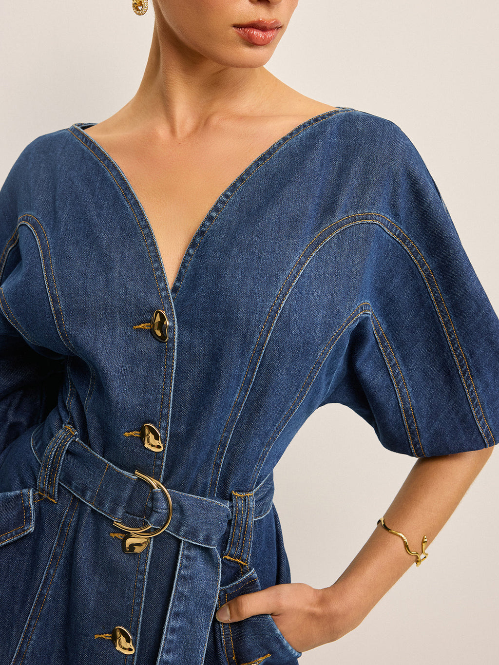 Pocketed Belted Denim Dress for Women Casual Style
