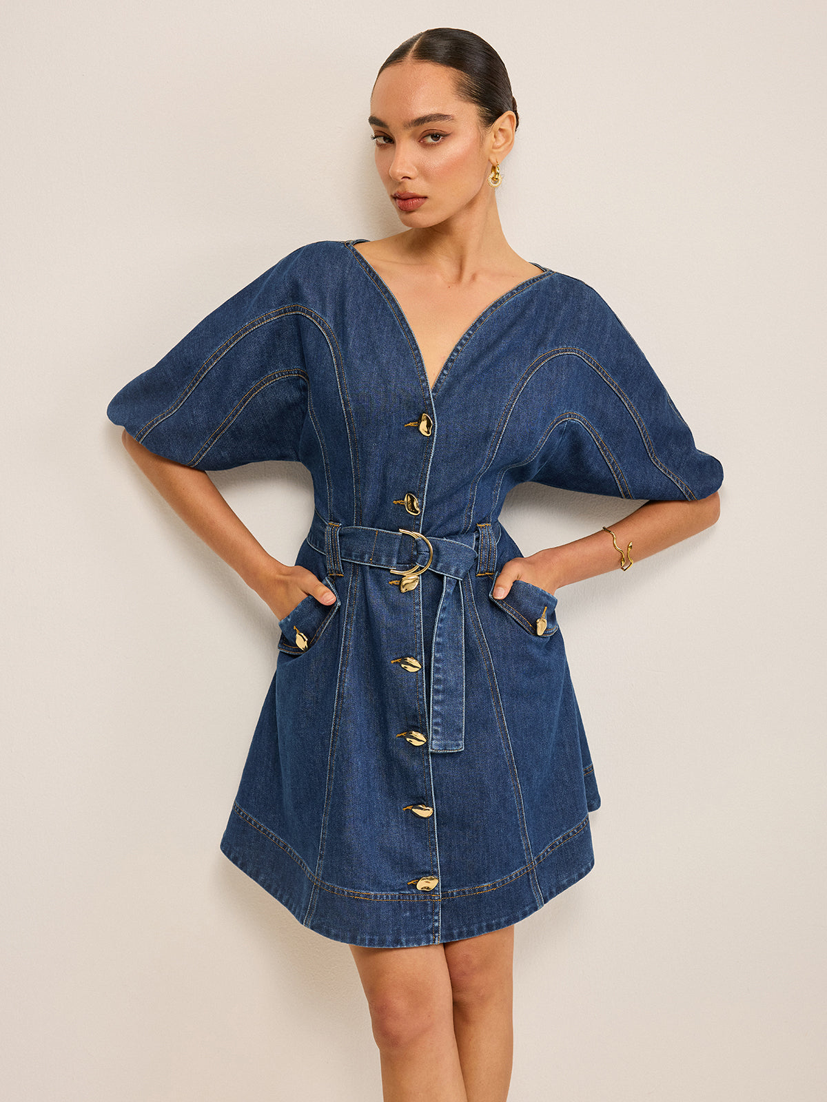 Pocketed Belted Denim Dress for Women Casual Style
