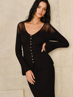 Mesh Panel Ribbed Knit Top - Long Sleeve Casual Wear