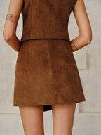 Suede Effect Braided Trim Mini Skirt with Back Zip Closure