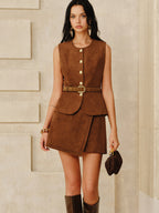 Suede Effect Metal Button Vest with Adjustable Straps