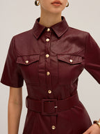 Shirt Collar Belted PU Leather Mini Dress Trendy Women's Fashion 2023