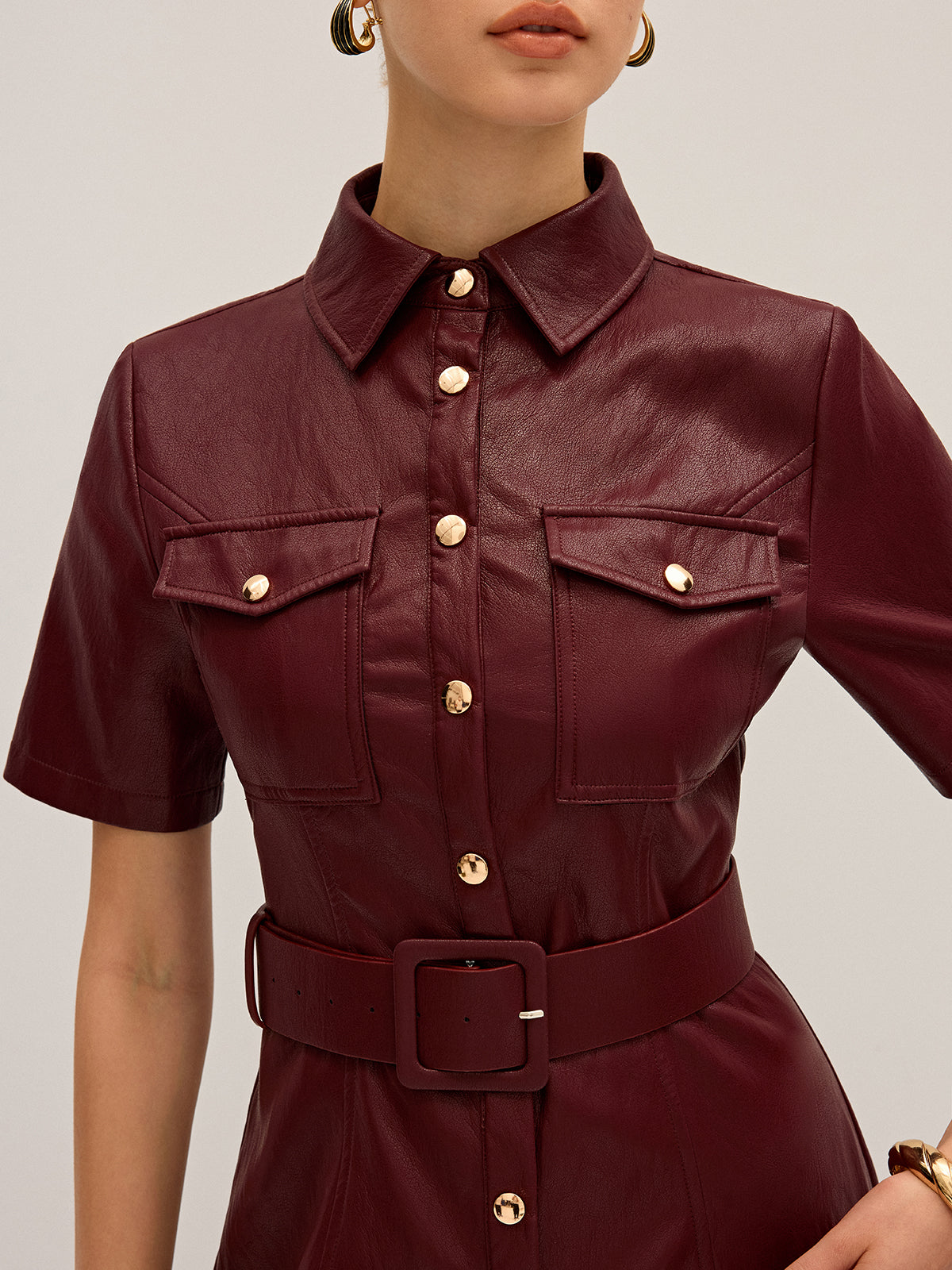 Shirt Collar Belted PU Leather Mini Dress Trendy Women's Fashion 2023