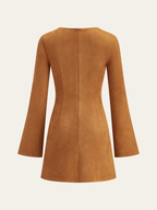 Asymmetrical Ruched Long Sleeve Suede Effect Mini Dress for Women Casual Party Wear