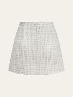 Metal Button Pleated Tweed Mini Skirt with High Waistband