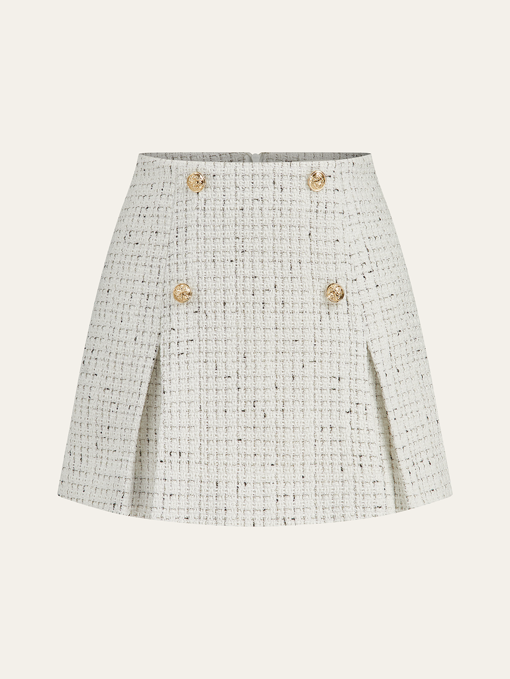 Metal Button Pleated Tweed Mini Skirt with High Waistband