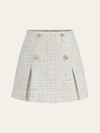 Metal Button Pleated Tweed Mini Skirt with High Waistband