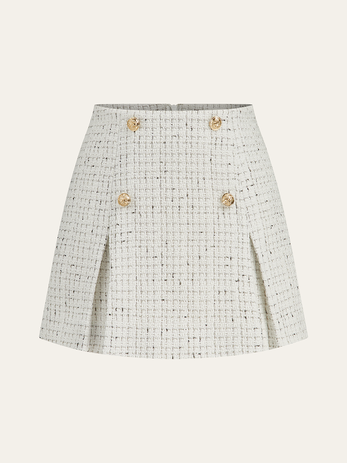 Metal Button Pleated Tweed Mini Skirt with High Waistband