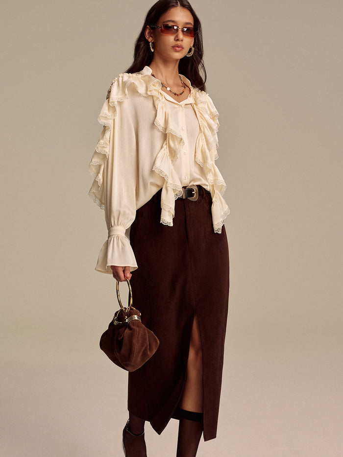 Ruffled Lace Trim Bell Sleeve Shirt - Elegant Women's Casual Blouse