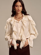 Ruffled Lace Trim Bell Sleeve Shirt - Elegant Women's Casual Blouse