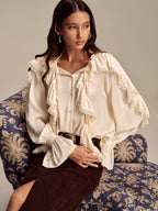 Ruffled Lace Trim Bell Sleeve Shirt - Elegant Women's Casual Blouse
