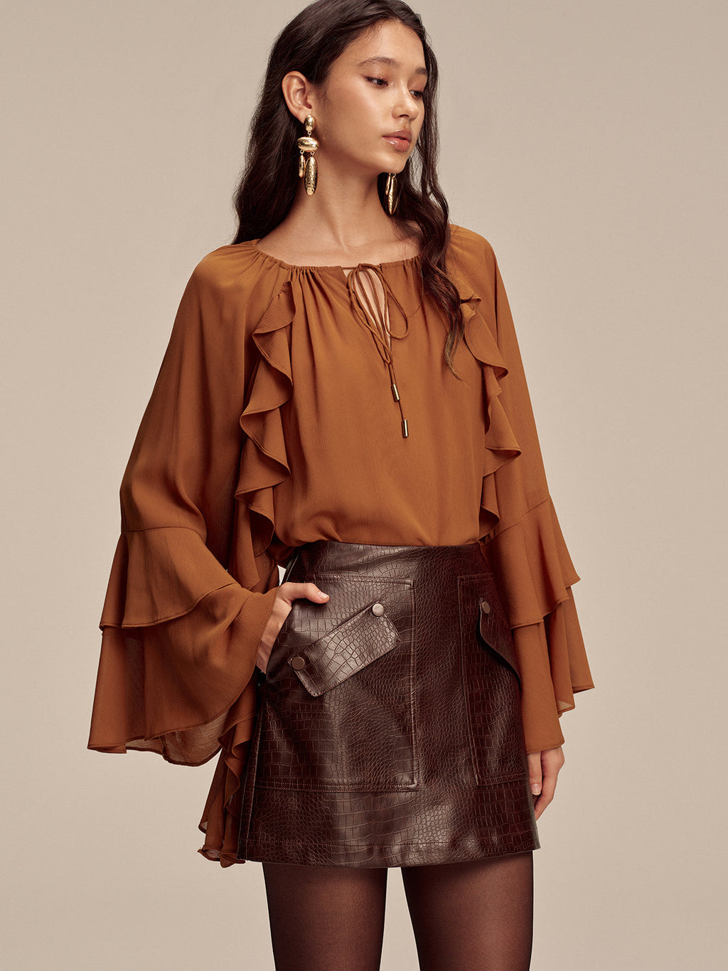 Faux Leather Crocodile-Embossed Mini Skirt High Waist Trendy Style