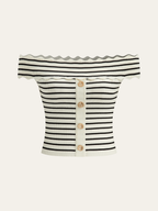 Striped Off-Shoulder Metal Button Knit Top Women's Casual Sweater