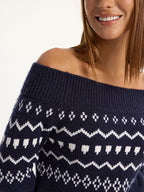 Off-Shoulder Fair Isle Knit Sweater for Winter Coziness