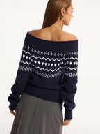 Off-Shoulder Fair Isle Knit Sweater for Winter Coziness