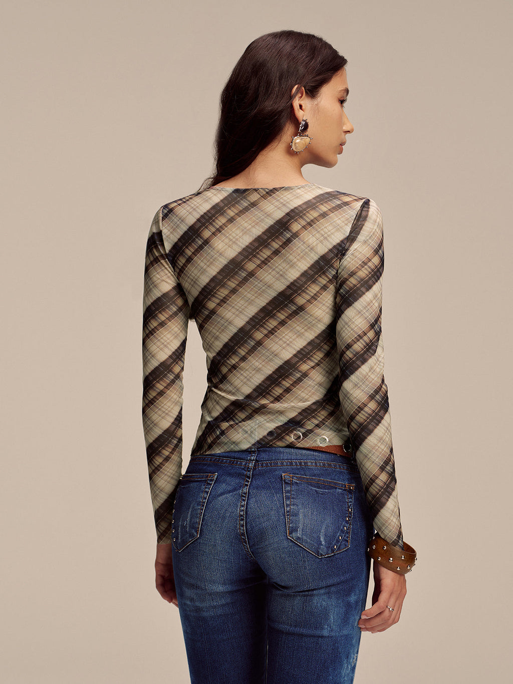 Semi-Sheer Mesh Asymmetric Ruched Blouse with Long Sleeves and Elegant Drape