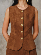 Suede Effect Metal Button Vest with Adjustable Straps