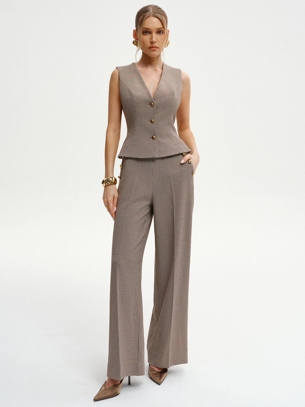 Houndstooth V-Neck Button Vest Casual Layering Piece