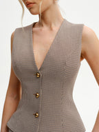 Houndstooth V-Neck Button Vest Casual Layering Piece