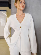 Wool-Blend V-Neck Single-Button Sweater for Layered Comfort