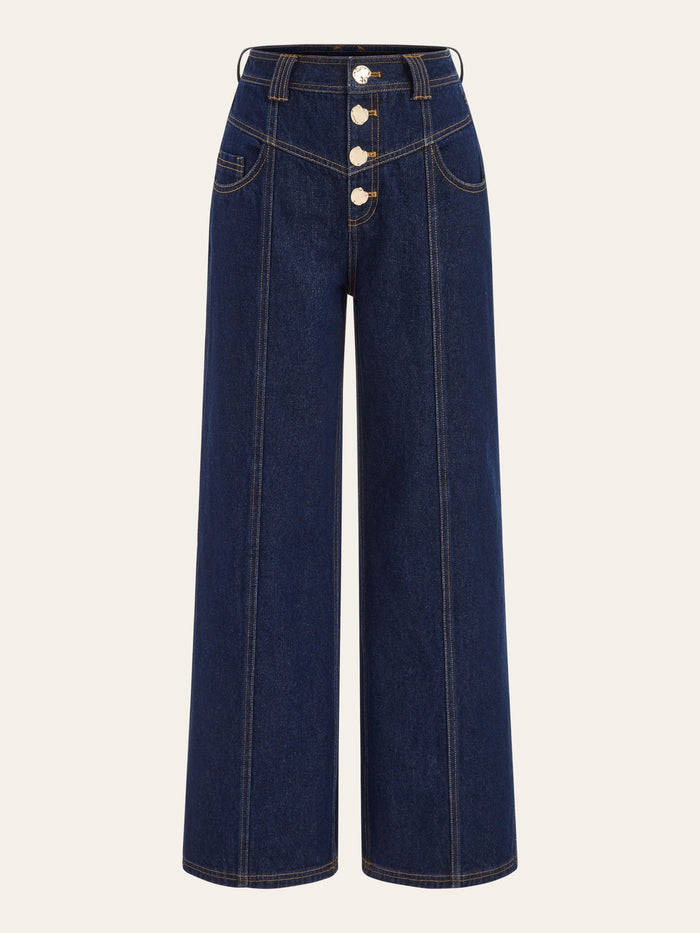 Mid-Waist Wide-Leg Button Front Jeans with Classic Denim Style