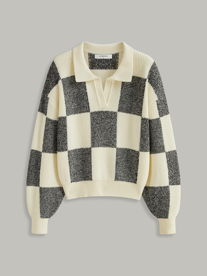 Checkered Wool Blend Polo Knit Top for Casual Wear