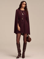 Mesh Cape Sleeve Tie-Waist Mini Dress with Elegant V-Neck Design