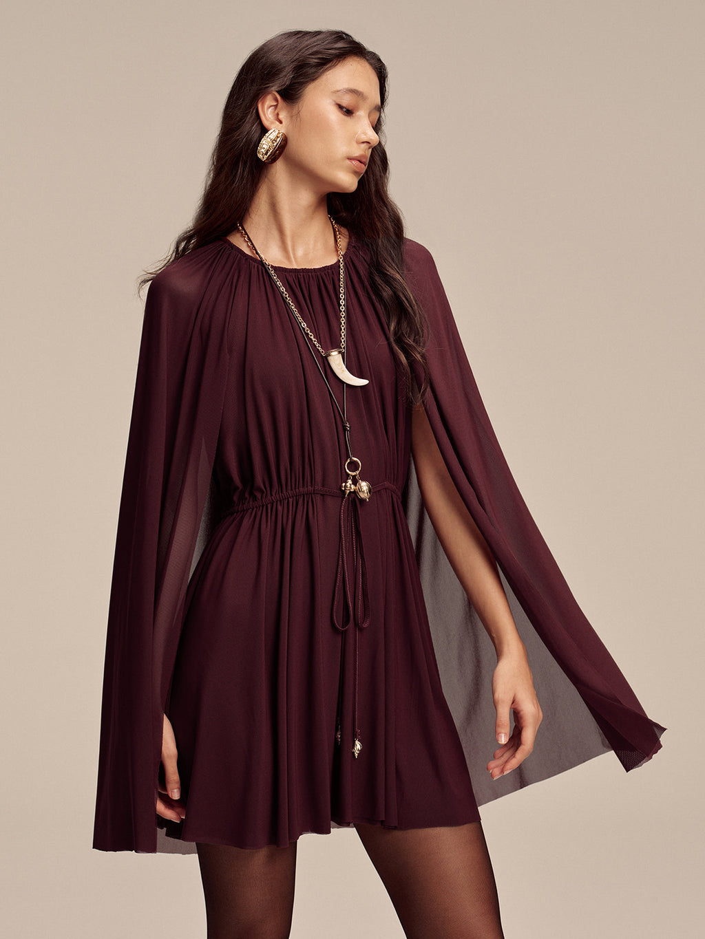 Mesh Cape Sleeve Tie-Waist Mini Dress with Elegant V-Neck Design