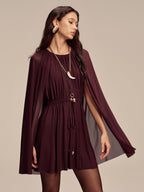 Mesh Cape Sleeve Tie-Waist Mini Dress with Elegant V-Neck Design