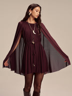 Mesh Cape Sleeve Tie-Waist Mini Dress with Elegant V-Neck Design