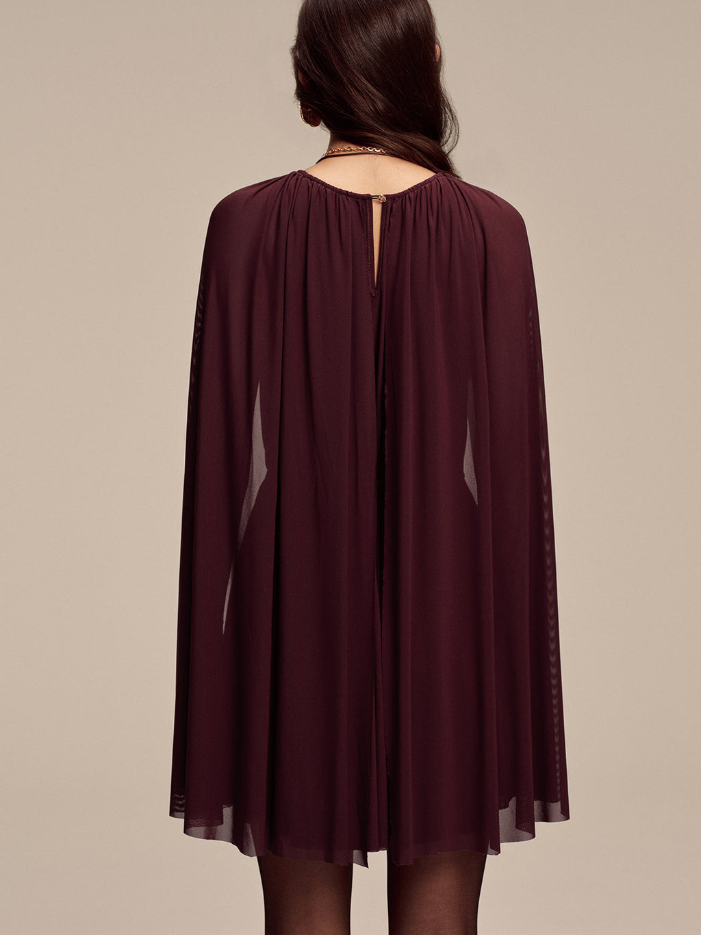 Mesh Cape Sleeve Tie-Waist Mini Dress with Elegant V-Neck Design
