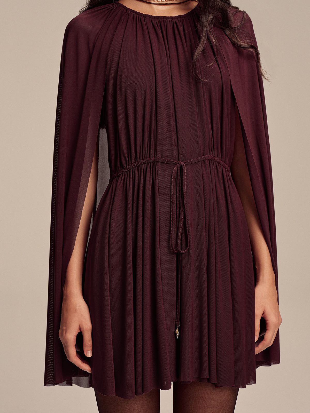 Mesh Cape Sleeve Tie-Waist Mini Dress with Elegant V-Neck Design