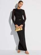 Metal Brooch Semi-Sheer Mesh Long Sleeve Fashion T-Shirt for Women