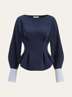 Round Neck Balloon Sleeve Peplum Sweatshirt with Ribbed Cuffs and Hem