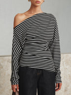Striped Asymmetric One-Shoulder T-Shirt Comfortable Casual Summer Top