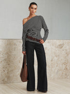 Striped Asymmetric One-Shoulder T-Shirt Comfortable Casual Summer Top